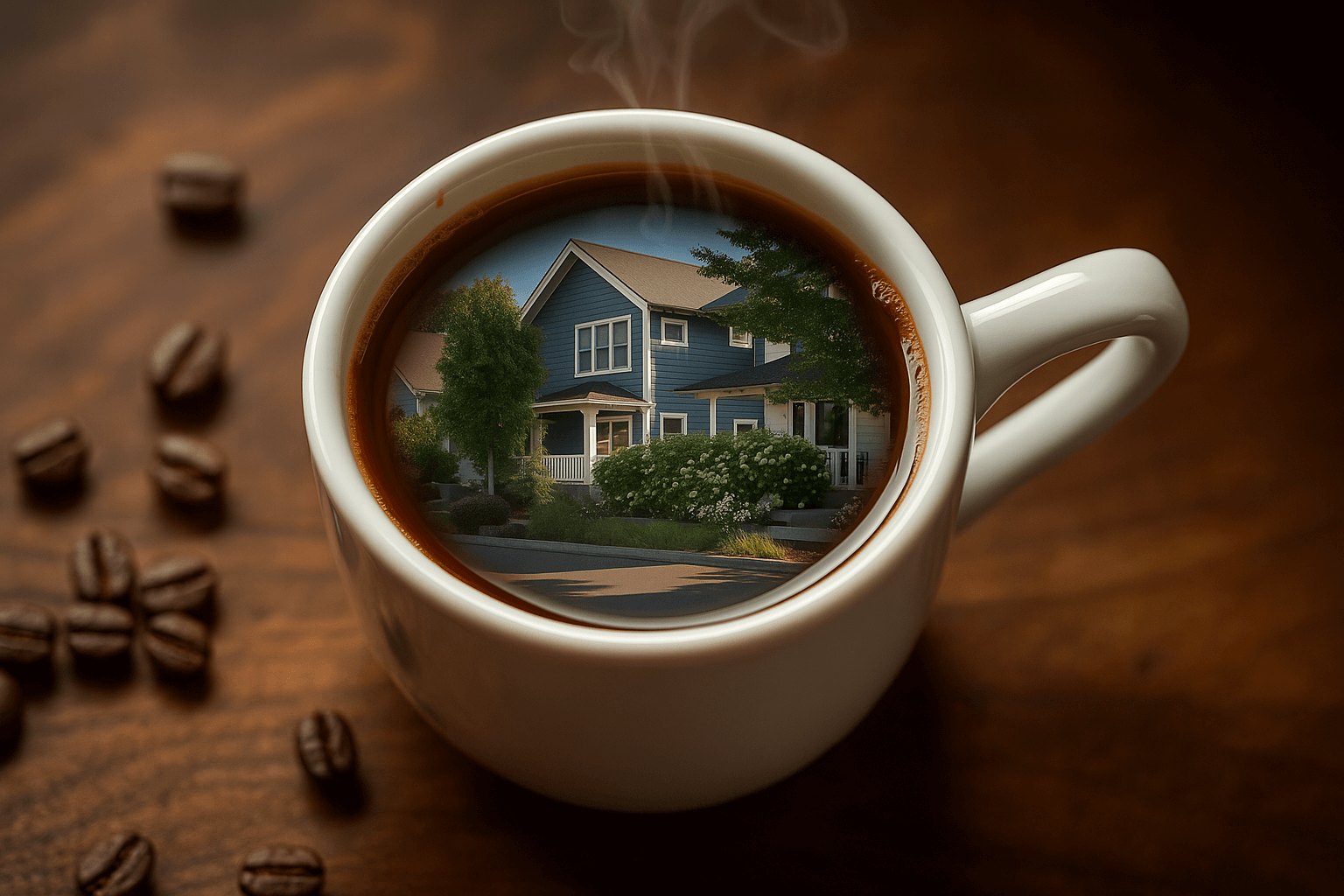 Reflection of a blue craftsman-style home in a steaming cup of coffee on a wooden table